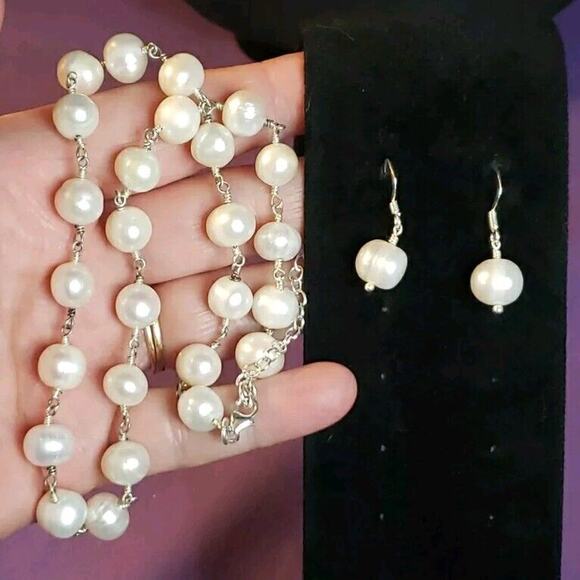 Marsala Signed White Ringed Pearls & Sterling Silver Necklace And Earrings Set - Picture 3 of 9